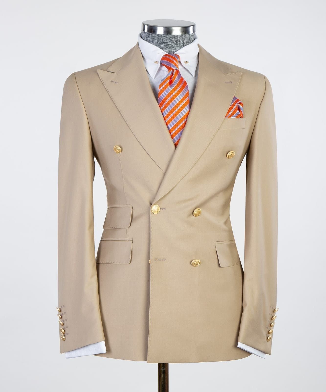 Khaki Double-Breasted Point Collar Business Suit