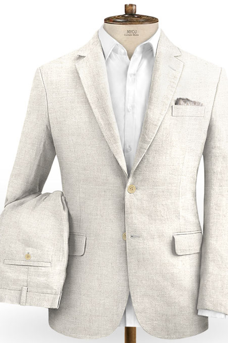 Ivory Linen Wedding Groom Suit Two Tuxedos with Notched Lapels