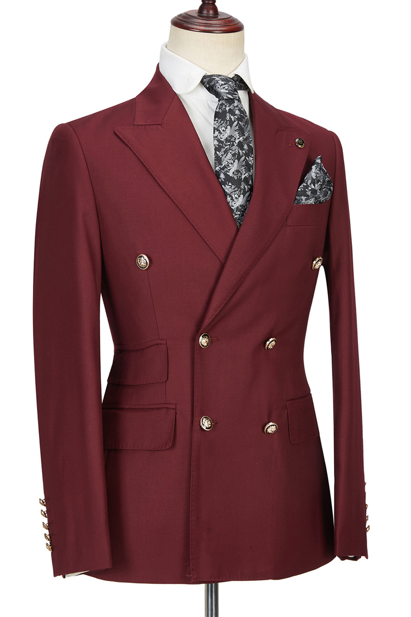 Luman Stylish Double-Breasted Burgundy Peak Lapel Formal Suit