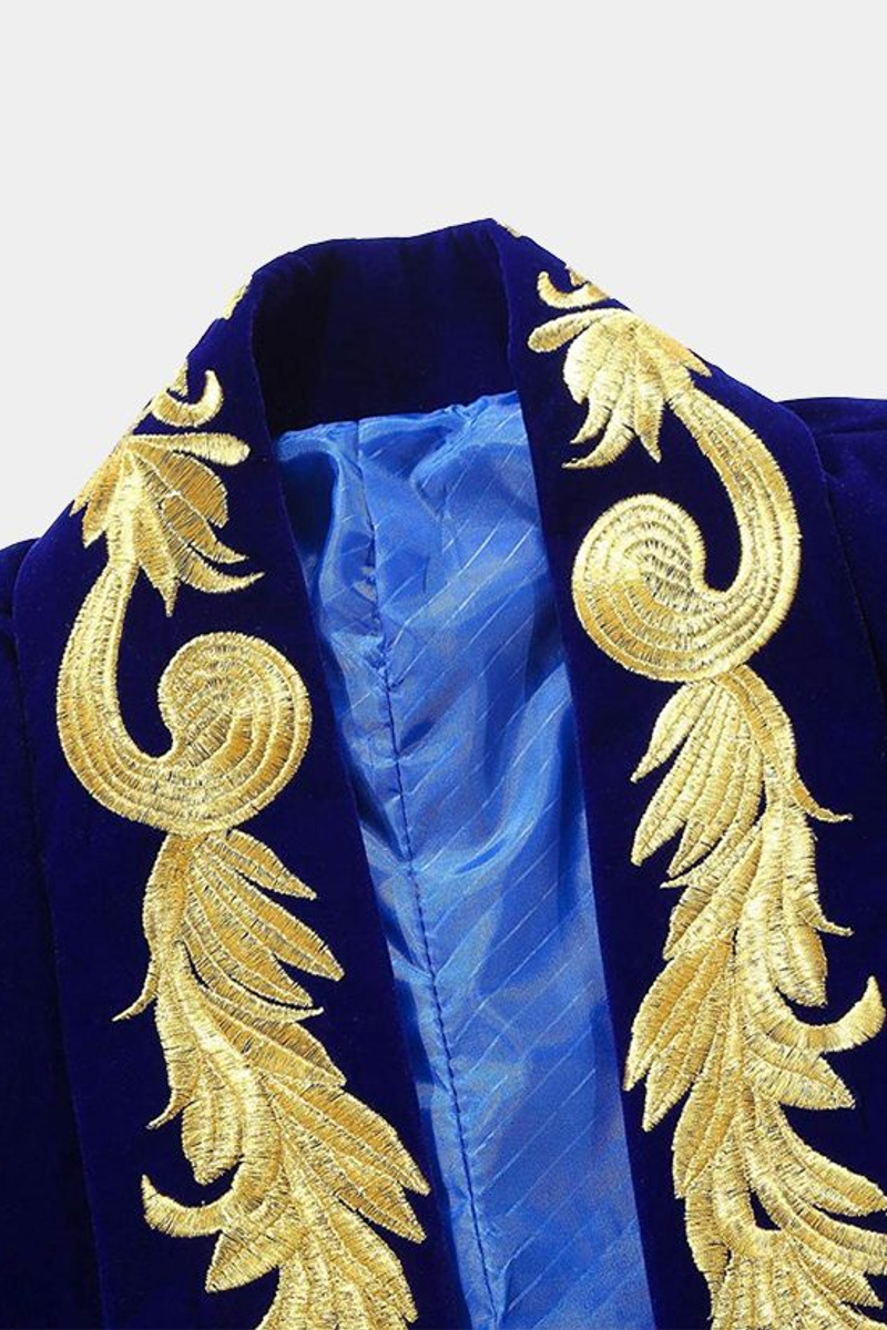 Men Royal Blue Blazer Gold Embroidered Lapel Velvet Jacket