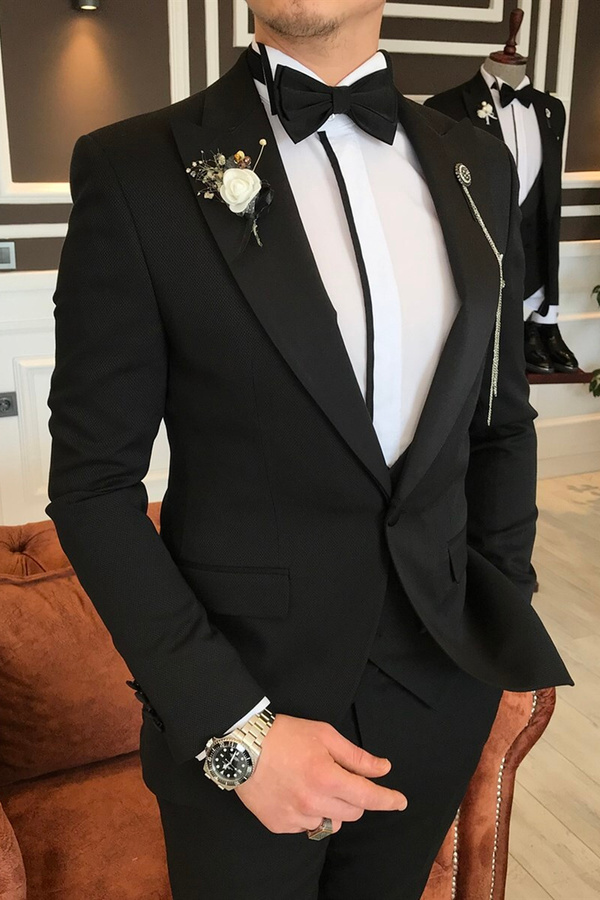 Owen Black Three-Piece Wool Blend Peak Lapel Slim Fit Business Suit