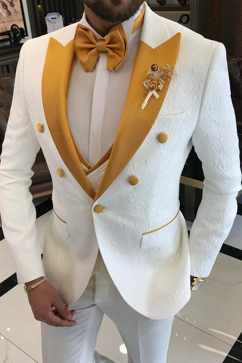 White Slim Fit Lapel Collar Jacket, Vest, and Trousers Groom Suit Gold Collar/White Pants & Green Collar/Black Pants
