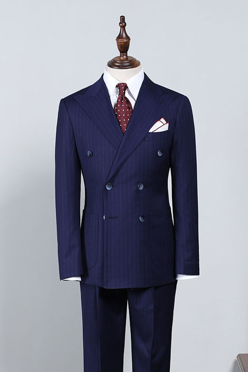 Howar Unique Navy Striped Double Breasted Slim Fit Tailored Business Suit