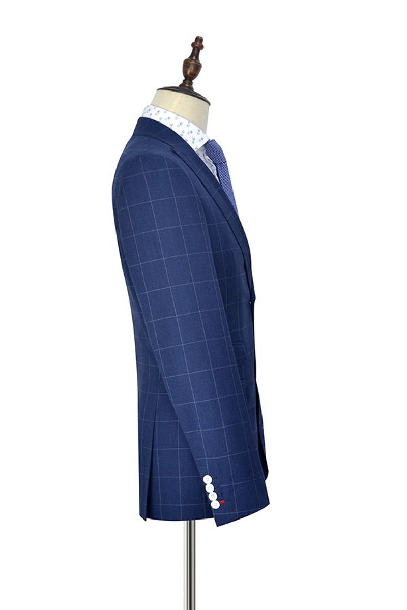 Three Flap Pocket Peak Lapel Suit Two-Button Check Navy Suit