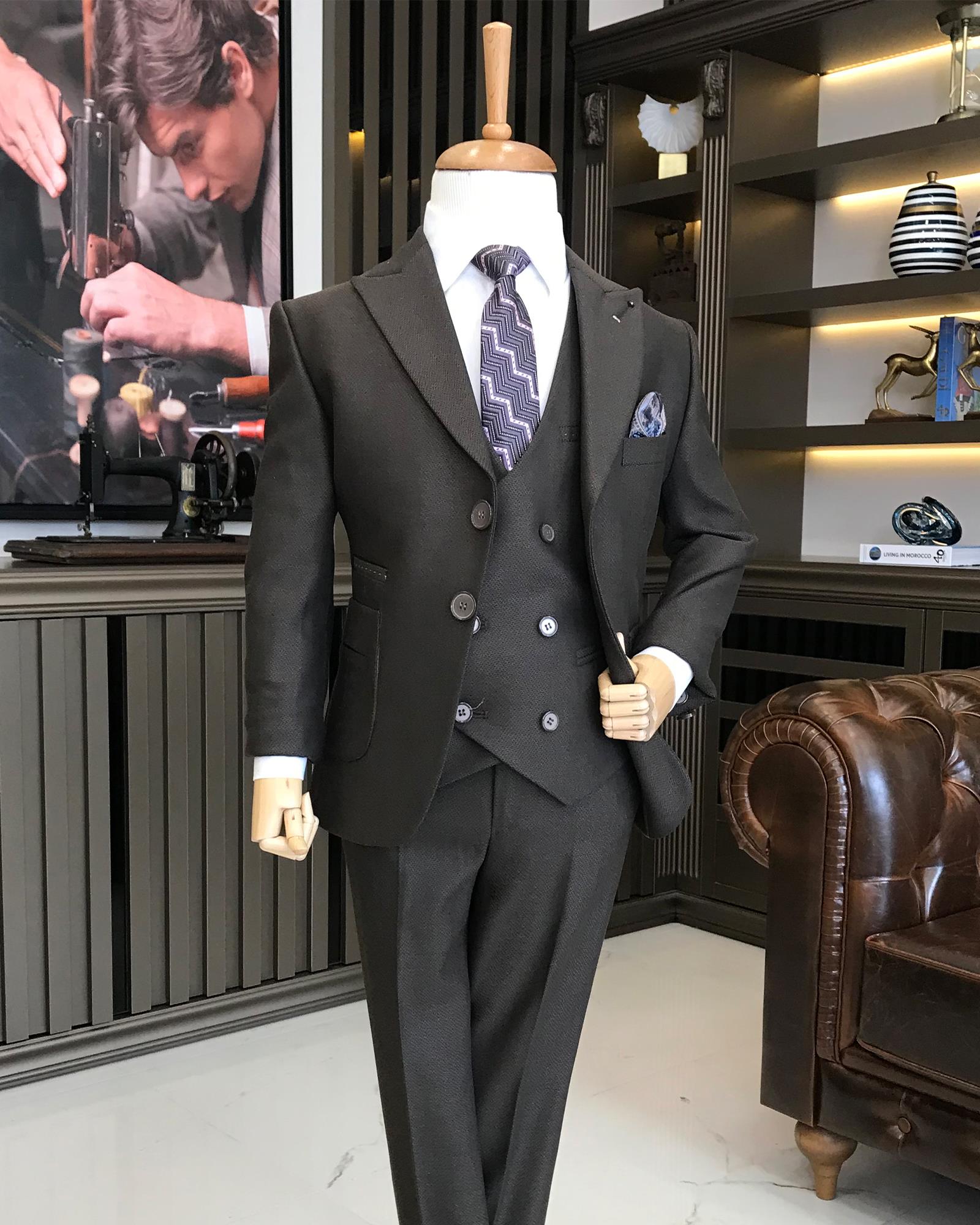 Boys' Double-Breasted Three-Piece Suit in Black with Slim Lapel Collar