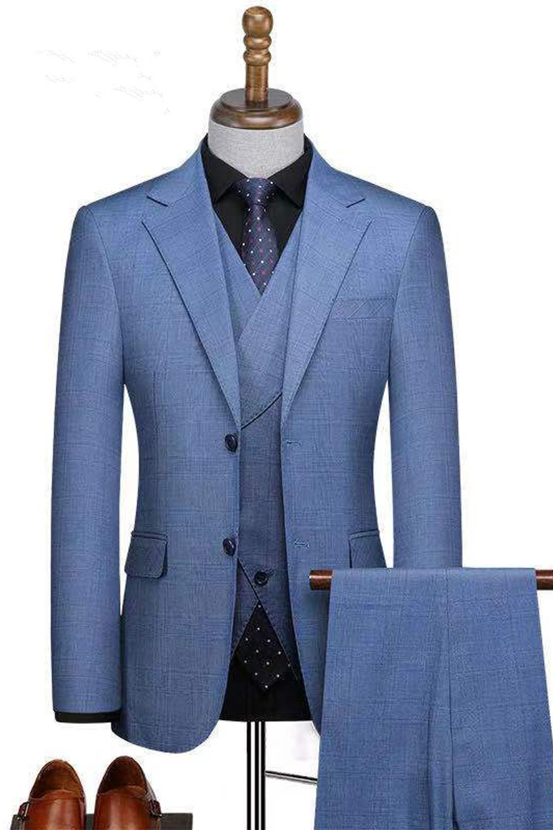 Zachariah Stylish Blue Three Piece Slim Fit Notched Lapel Business Suit
