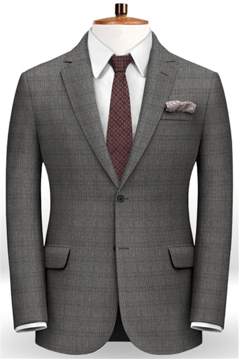 New Fashion Grey Plaid Men Suit Formal Business Men Blazer 2 Piece Groom Tuxedos