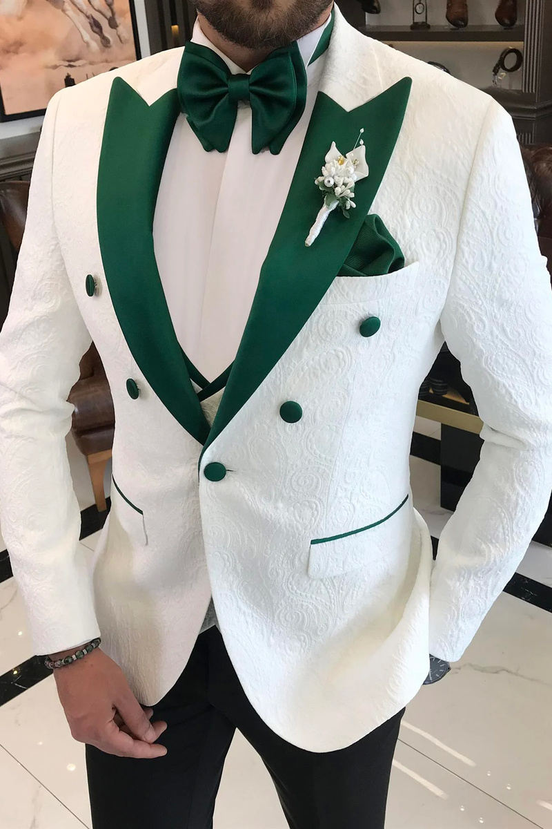 White Slim Fit Lapel Collar Jacket, Vest, and Trousers Groom Suit Gold Collar/White Pants & Green Collar/Black Pants
