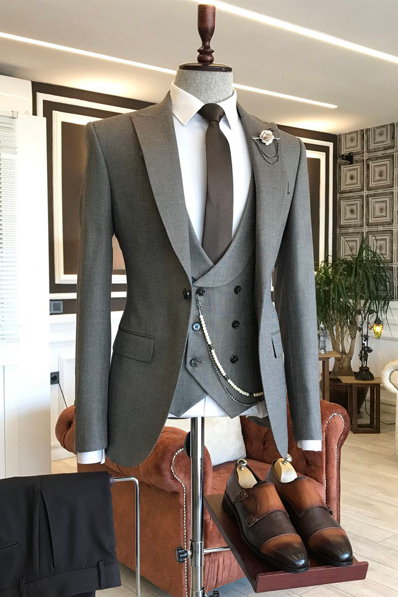 Payne Fashion Solid Grey Pointed Lapel Double-Breasted Vest Custom Business Suit