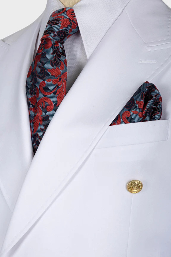 Stylish White Double-Breasted Men's Two-Piece Suit with Three Pockets