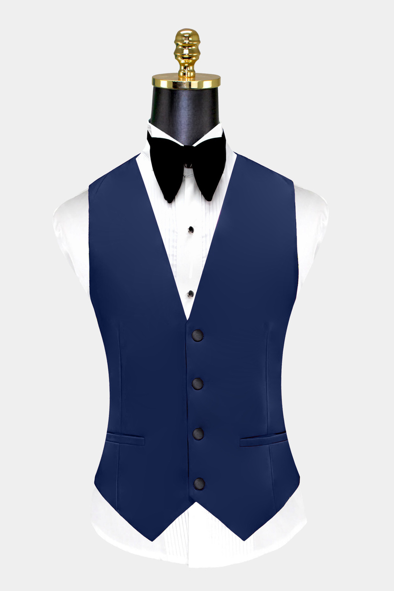 Brownie Navy Blue Slim Fit Shawl Collar Three-Piece Tuxedo Suit Black Trousers