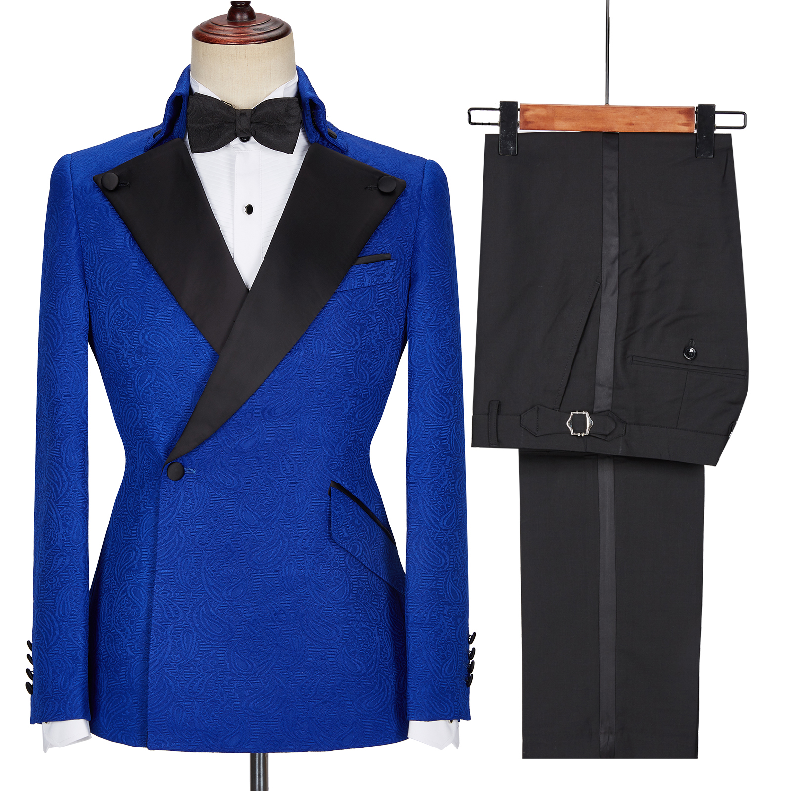 Dean Fashion New Royal Blue Jacquard Black Lapel Wedding Suit