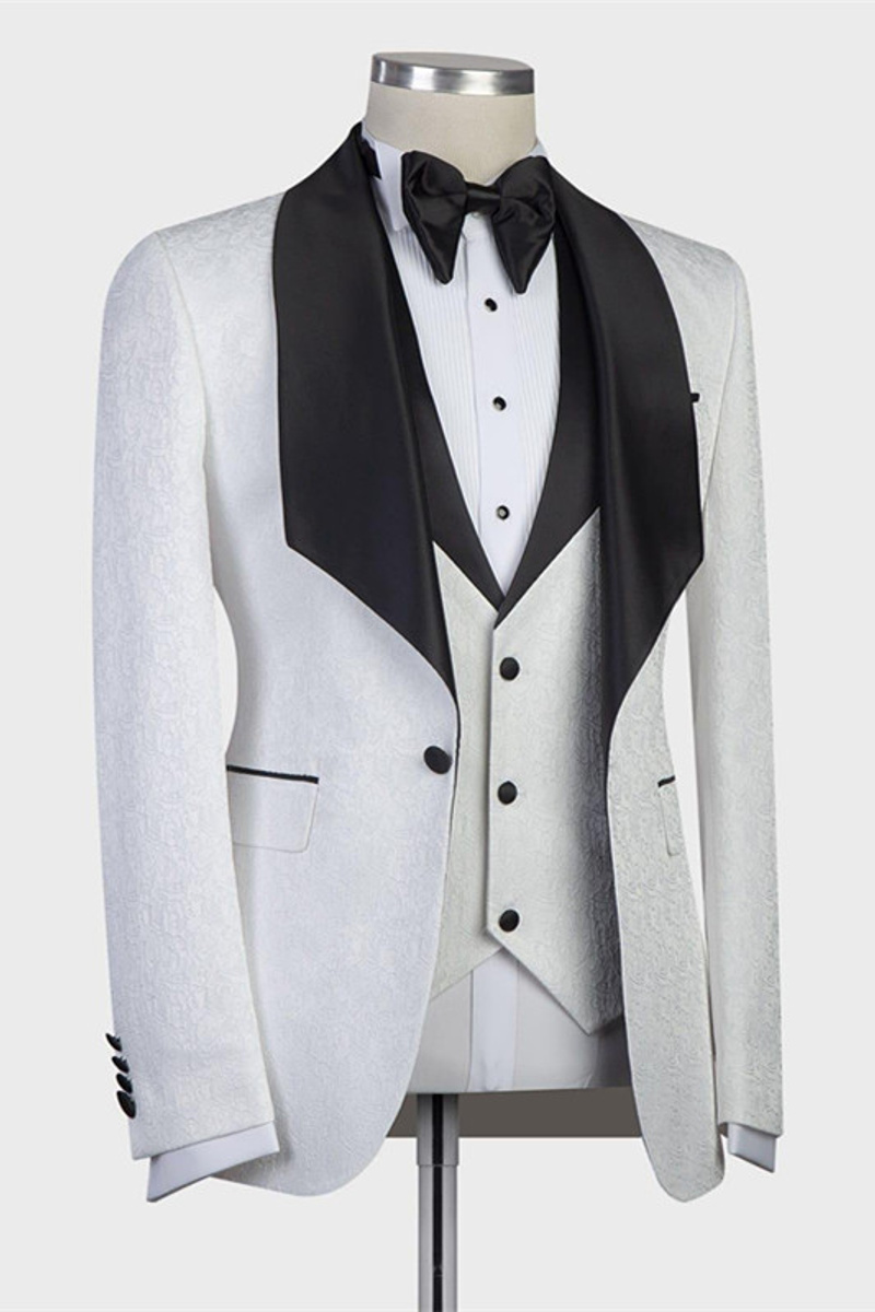Paxton White Three-Piece Jacquard Groom Suit with Black Shawl Lapel