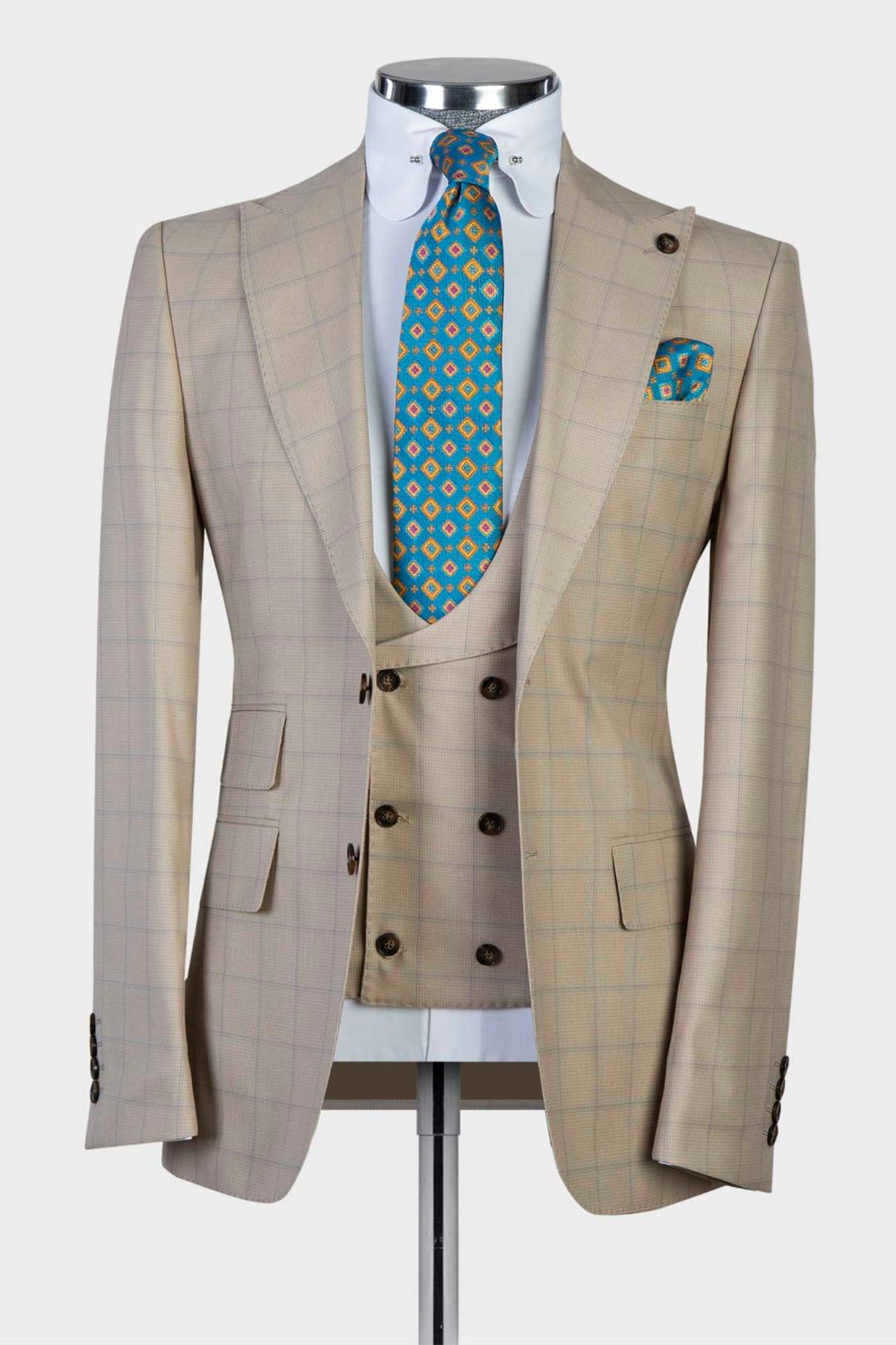 Fashion Black Khaki Check Three-Piece Suit with Pointed Collar