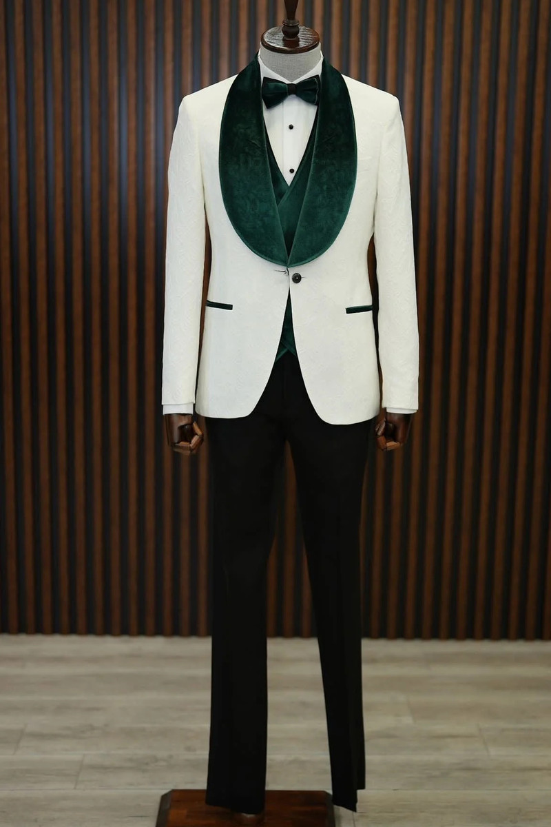 bella Green Velvet Shawl Lapel Jacquard Slim Fit Three-Piece Tuxedo