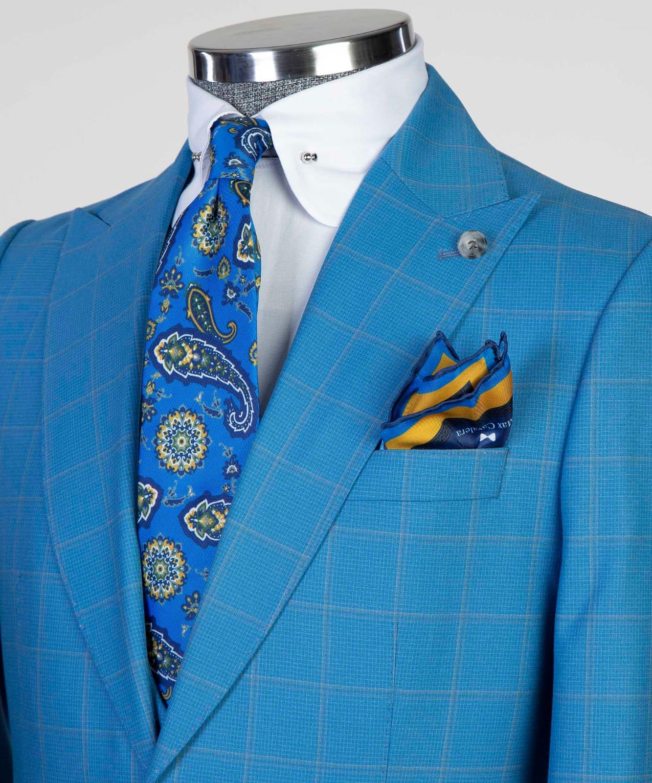 Blue Plaid Three Pieces Peaked Lapel Men Suits For Business