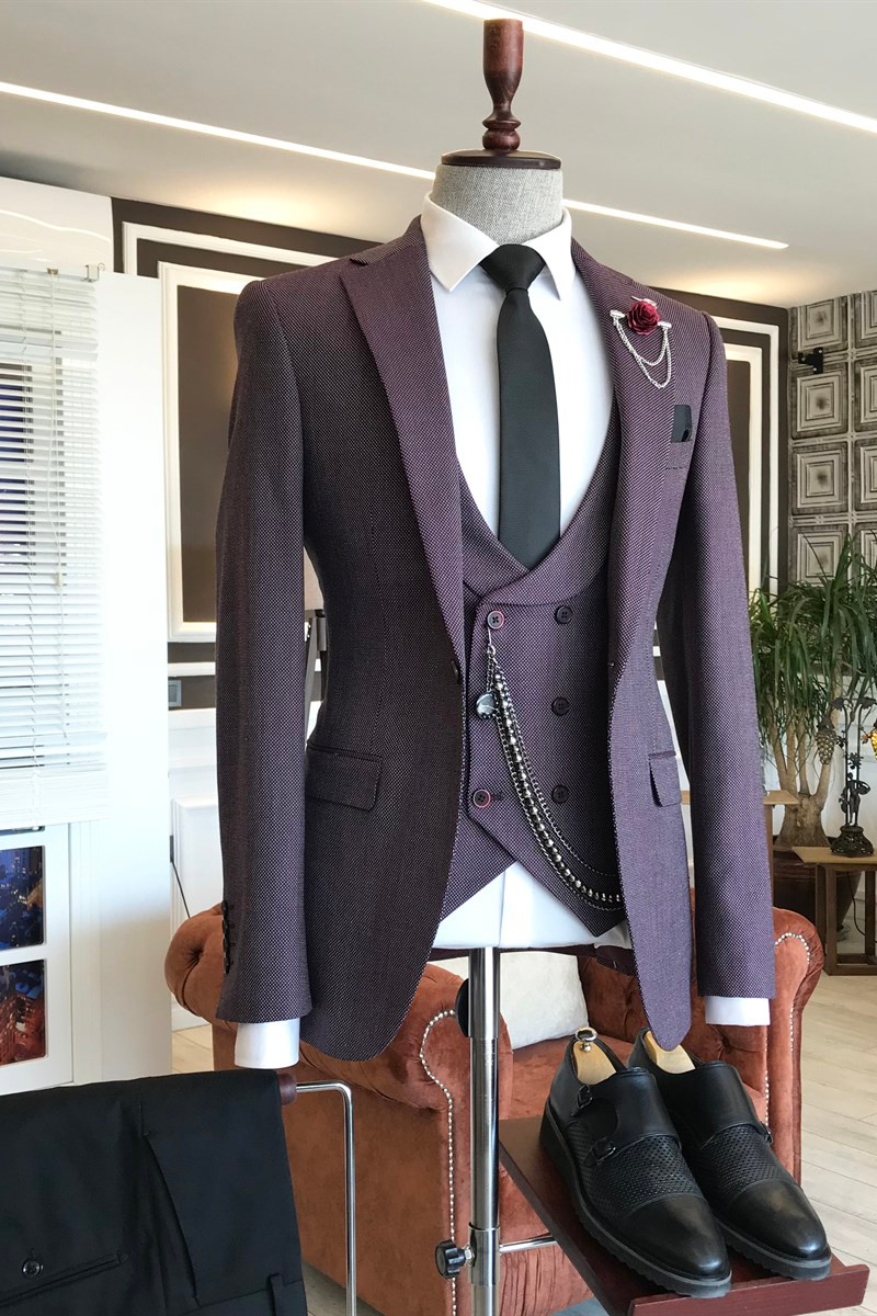 Milo Dark Purple Pointed Lapel Double-Breasted Vest Business Suit