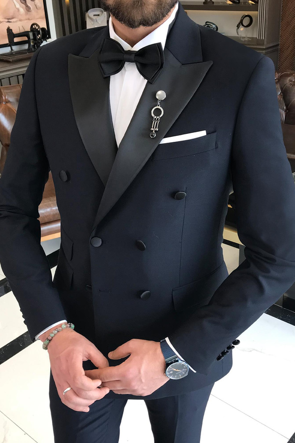 Trendy Dark Navy Wedding Tuxedo Black Satin Lapel Prom Suit