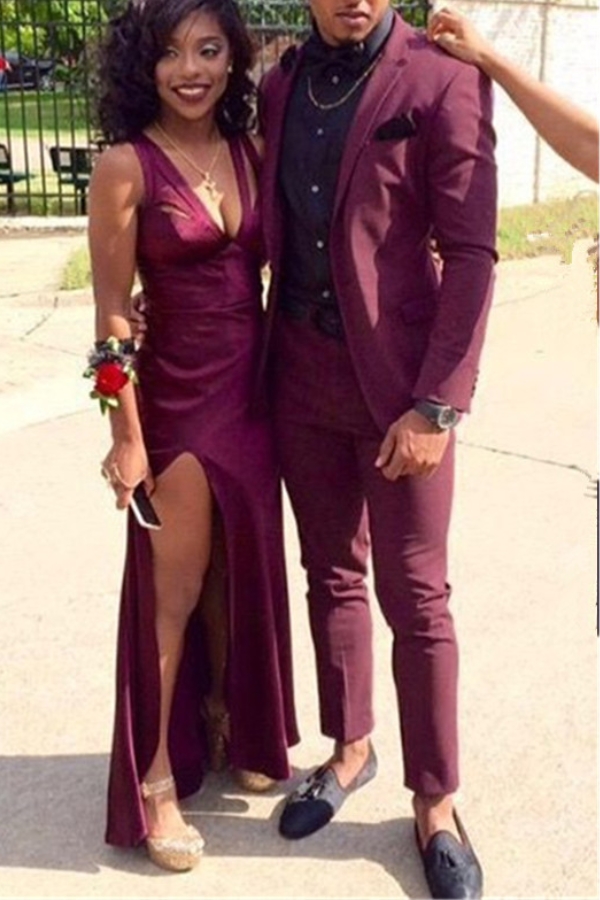 Custom Burgundy Two Piece Slim Prom Men Suits Online