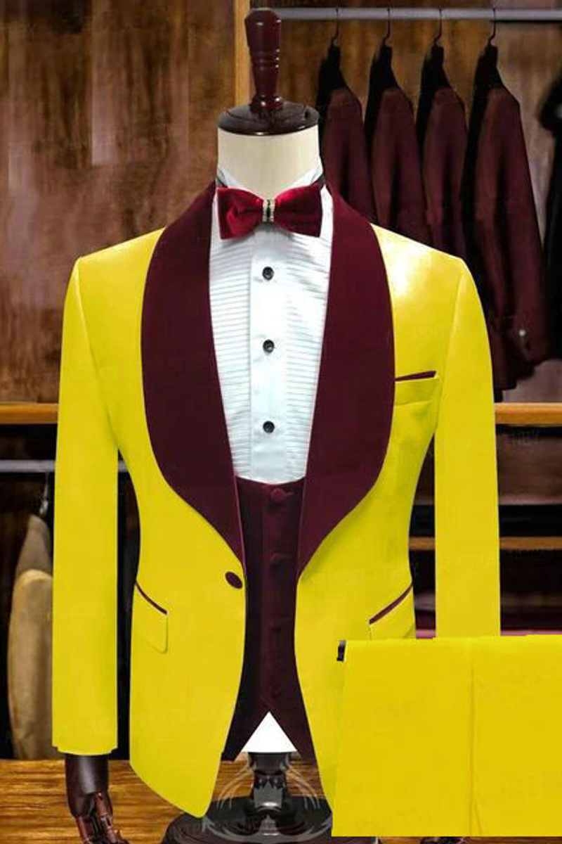Pedro Yellow One-Button Wedding Groom Suit with Velvet Lapel