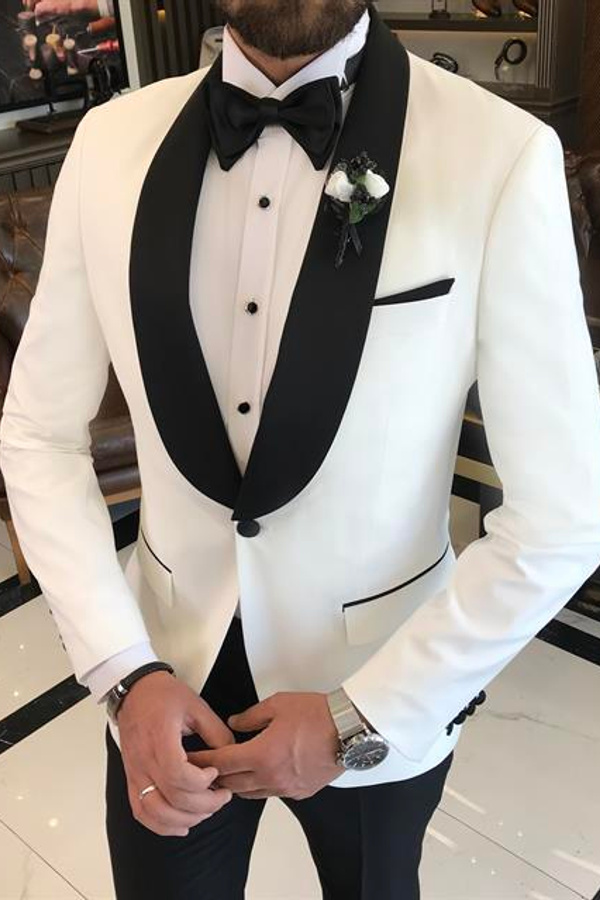 Handsome White Shawl Lapel One-Button Wedding Suit