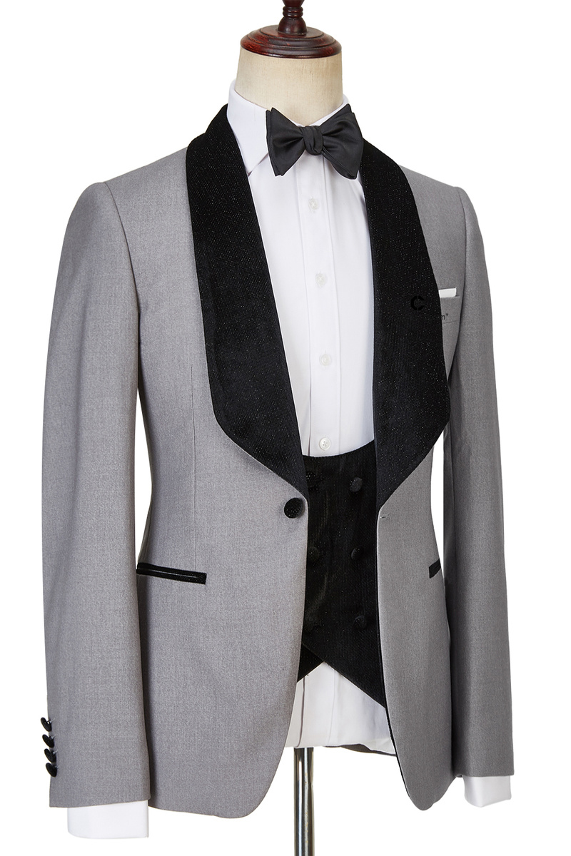 Robert Light Grey One-Button Shiny Shawl Lapel Three-Piece Wedding Suit