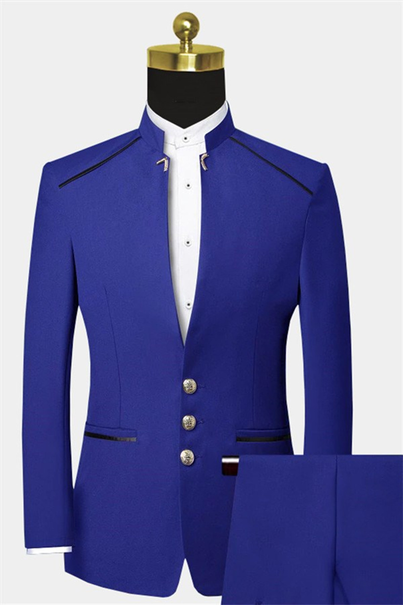 Business Blue Collar Suit Custom Two-Piece Prom Suit