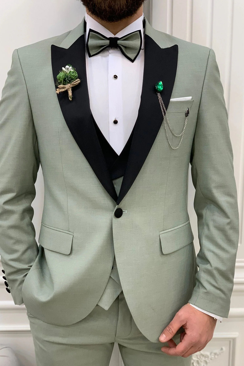 Modern Water Green Slim Velvet Peak Collar Three Piece Tuxedo