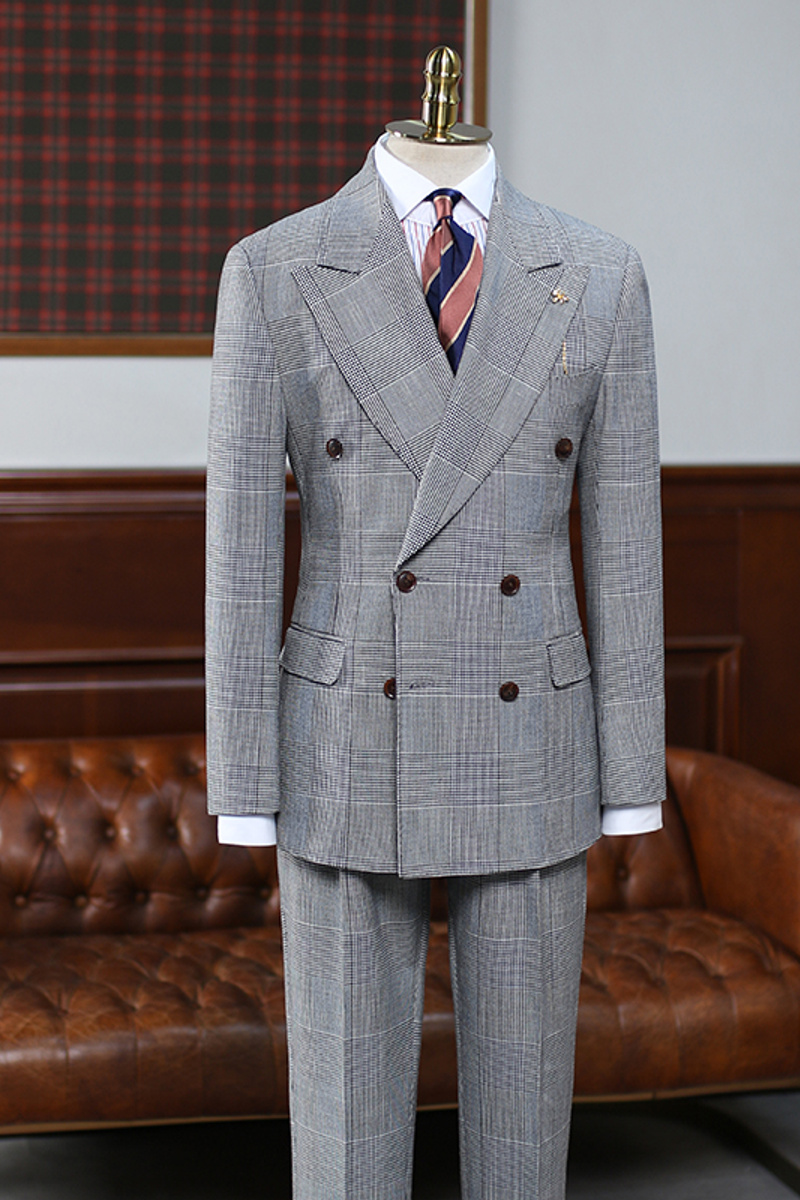 Alves Grey Plaid Lapel Double Breasted Custom Business Suit