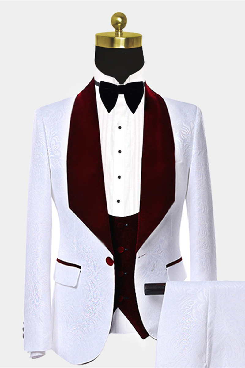 Burgundy Velvet Lapel Prom Suit White Jacquard Chic Wedding Tuxedo