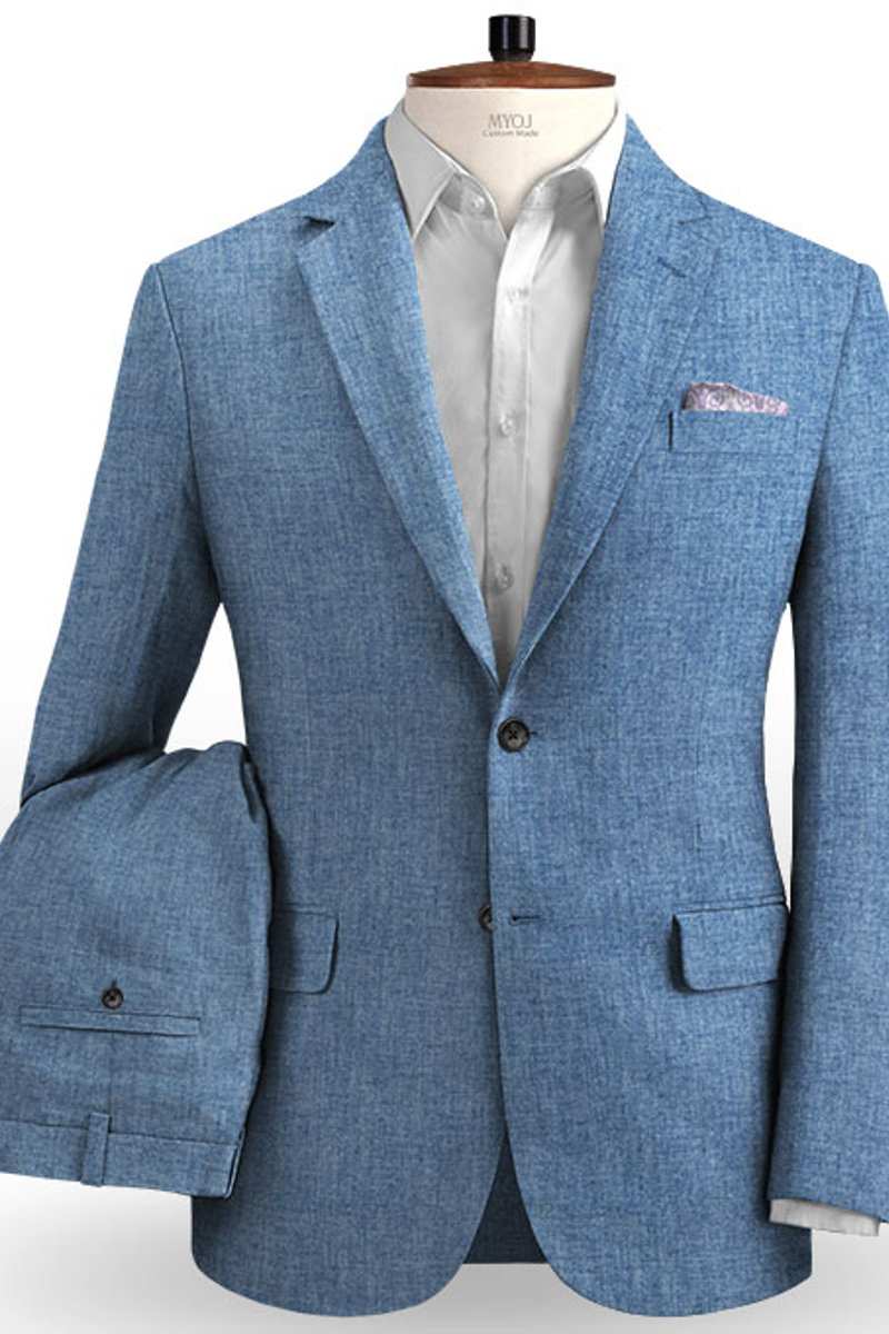Fashion Blue Linen Wedding Suit Beach Slim Groom Tuxedos