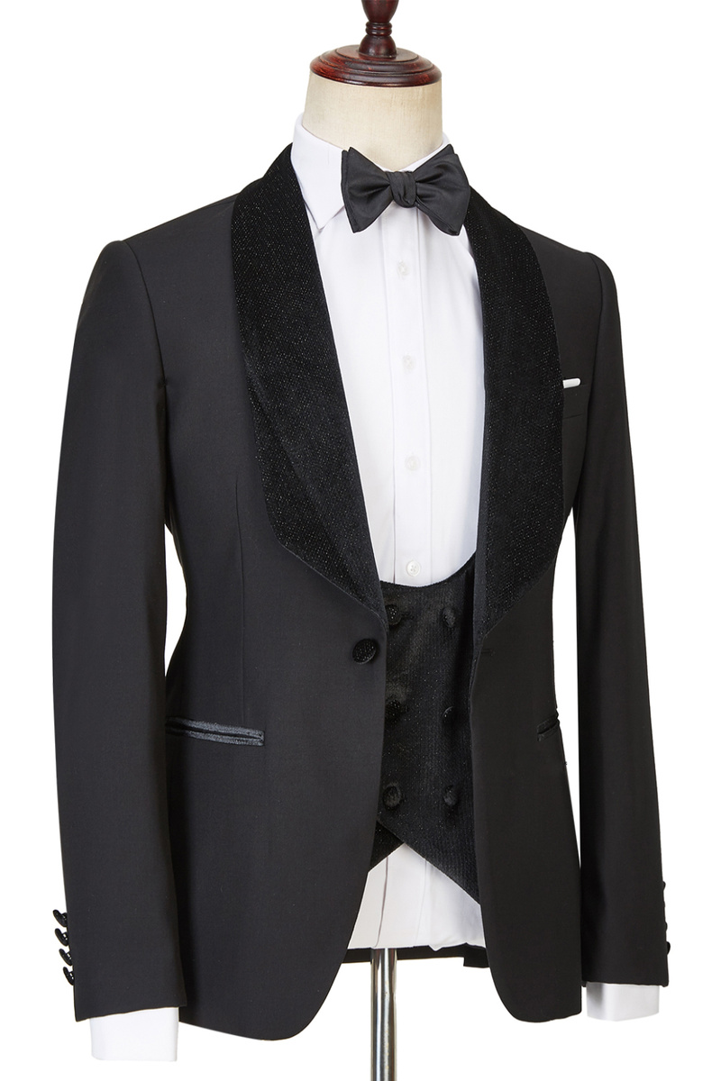 Jose Modern Three-Piece Black Shawl Lapel Sparkling Wedding Suit