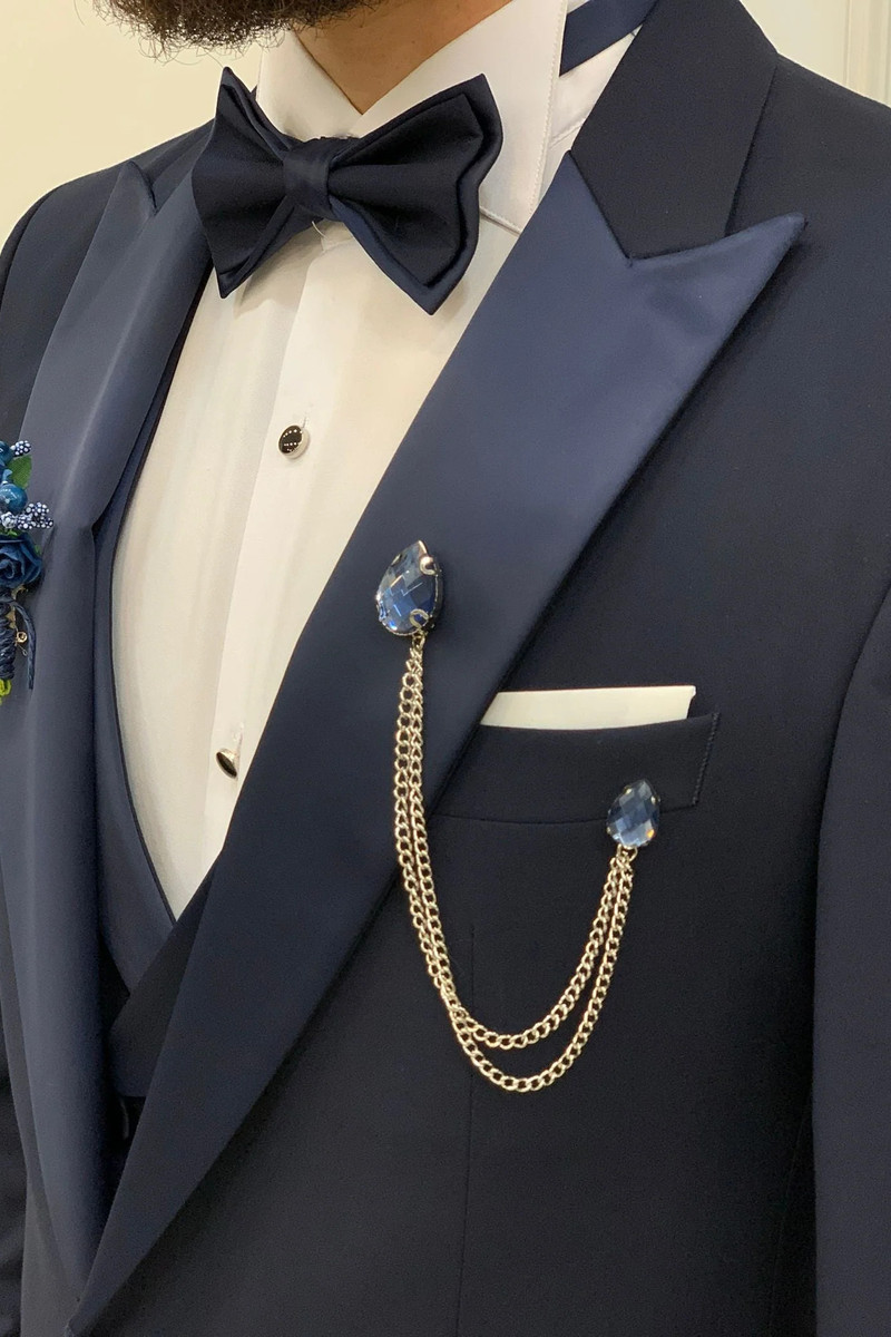 Perris Modern Navy Blue Slim Peak Collar Three-Piece Tuxedo