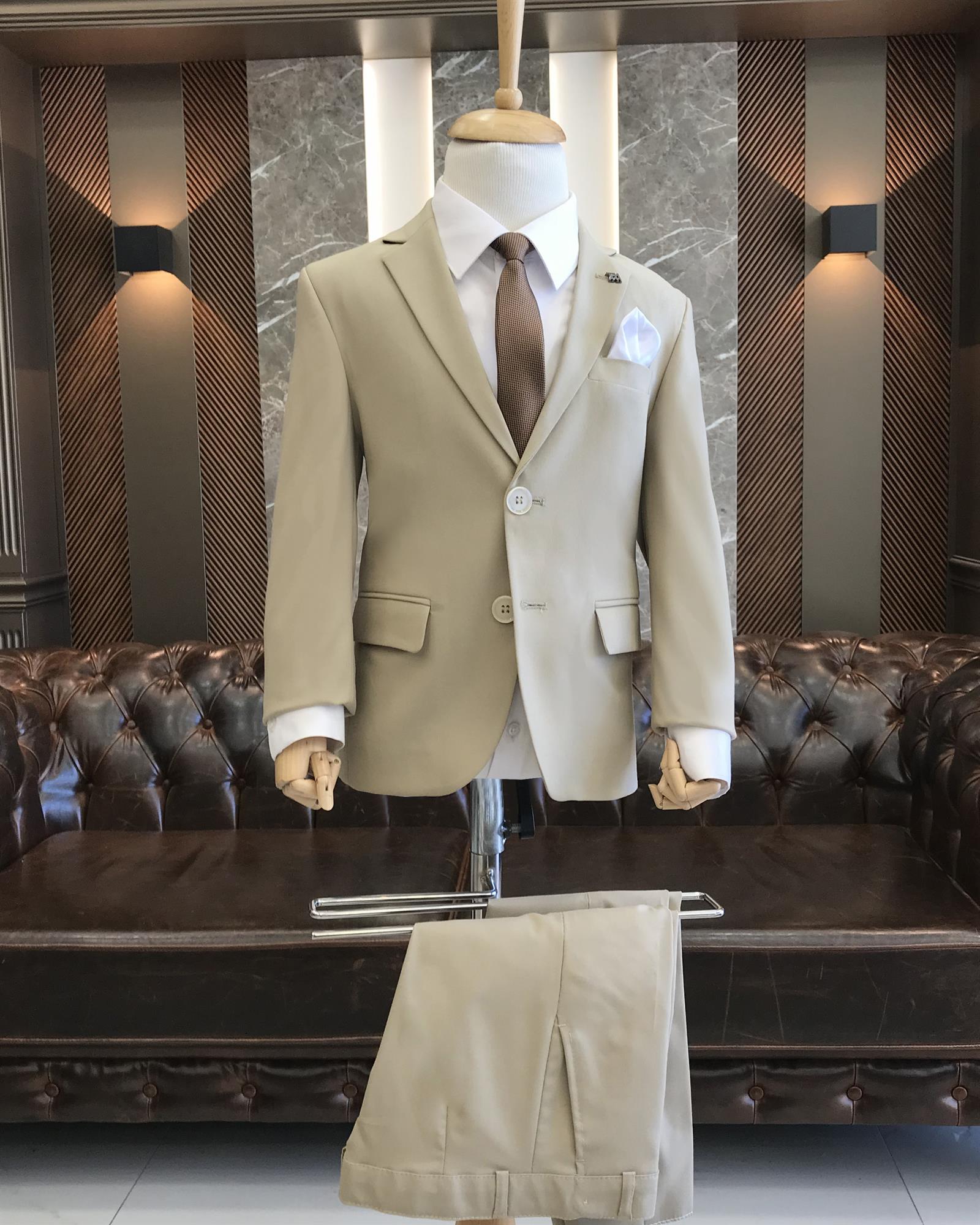 Beige Slim Fit Boys' Suit with Notch Lapel
