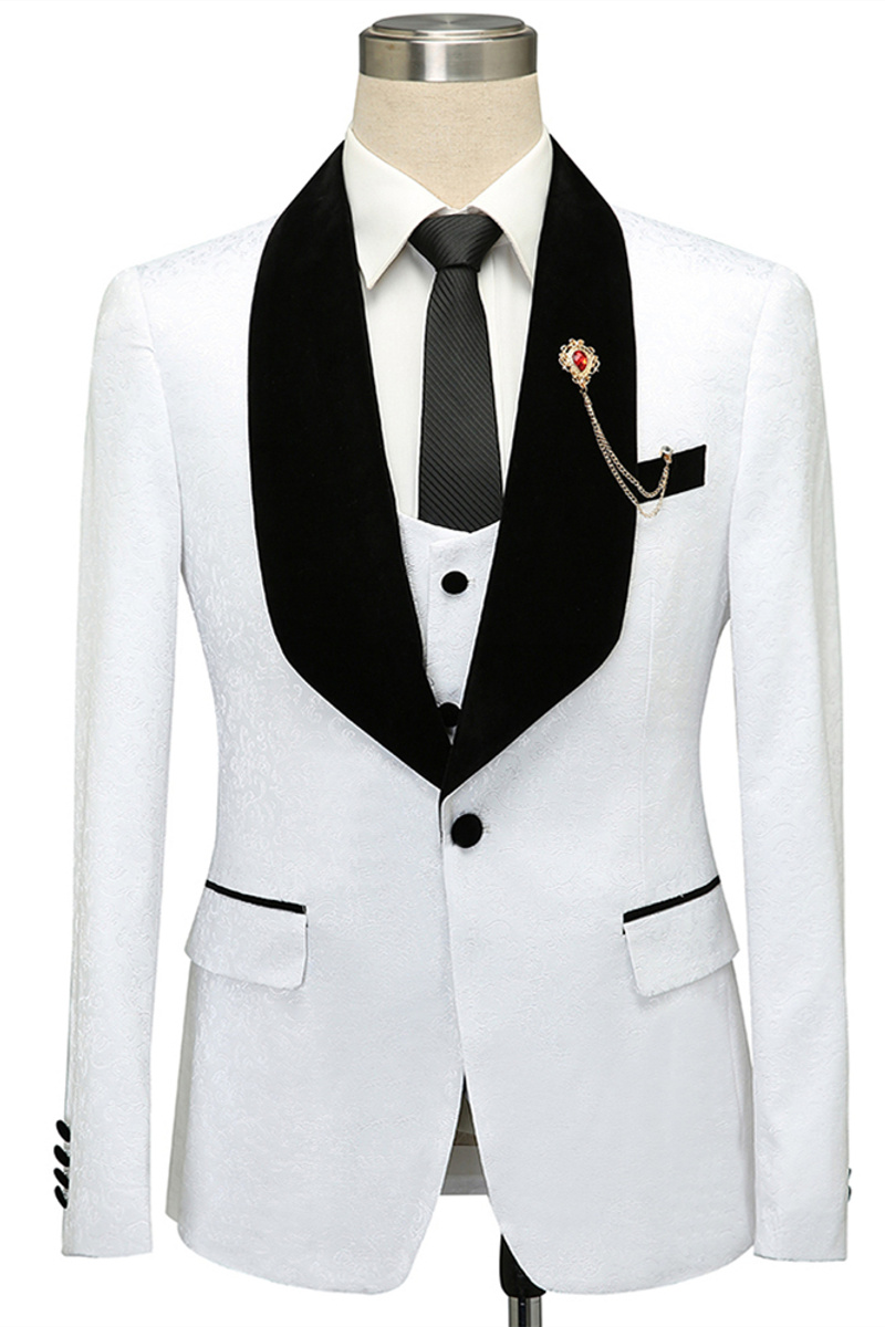 Fernando White Jacquard One-Button Wedding Suit with Black Lapel