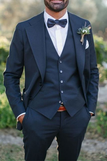 Clothing Three Pieces Deep Navy Notched Lapel Men Suit Men Wedding Suit Fit Men Prom Tuxedo