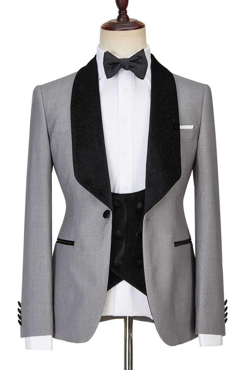 Robert Light Grey One-Button Shiny Shawl Lapel Three-Piece Wedding Suit