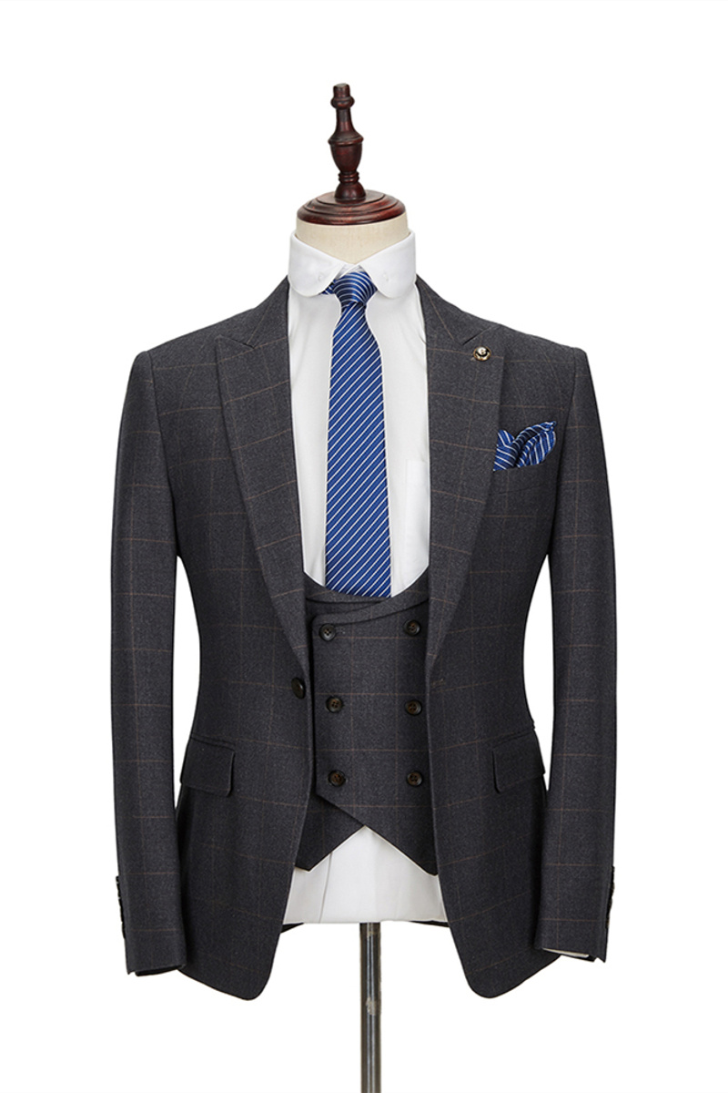 Dark Grey Plaid Peak Lapel Three-Piece Suit with Double-Breasted Waistcoat