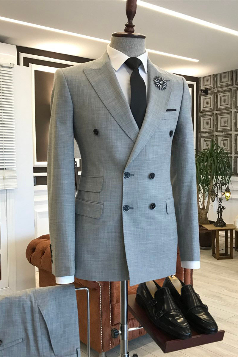 Jeremy Handsome Grey Pointed Lapel Double Breasted Tailored Suit