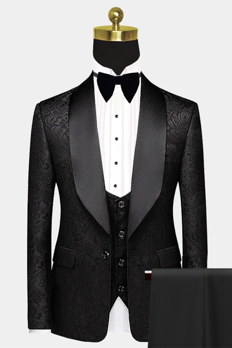 Black Satin Shawl Lapel Prom Suit One-Button Popular Jacquard Wedding Tuxedo