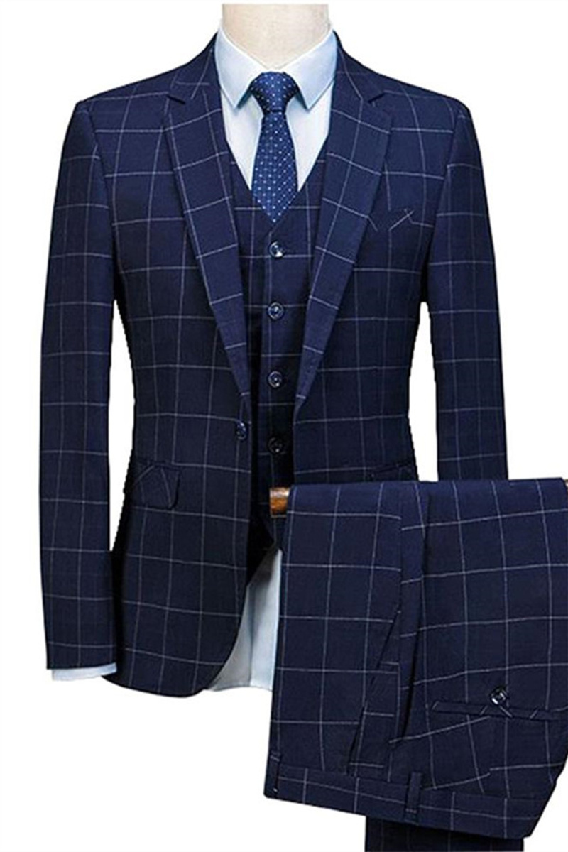 Navy Three-Piece Check Suit Slim Fit Notched Lapel Tuxedo
