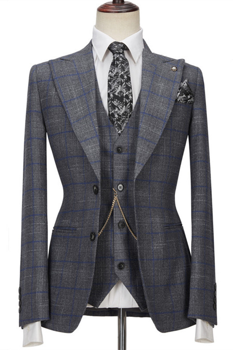 Brendon Grey Custom Notched Lapel Three Piece Plaid Slim Fit Suit