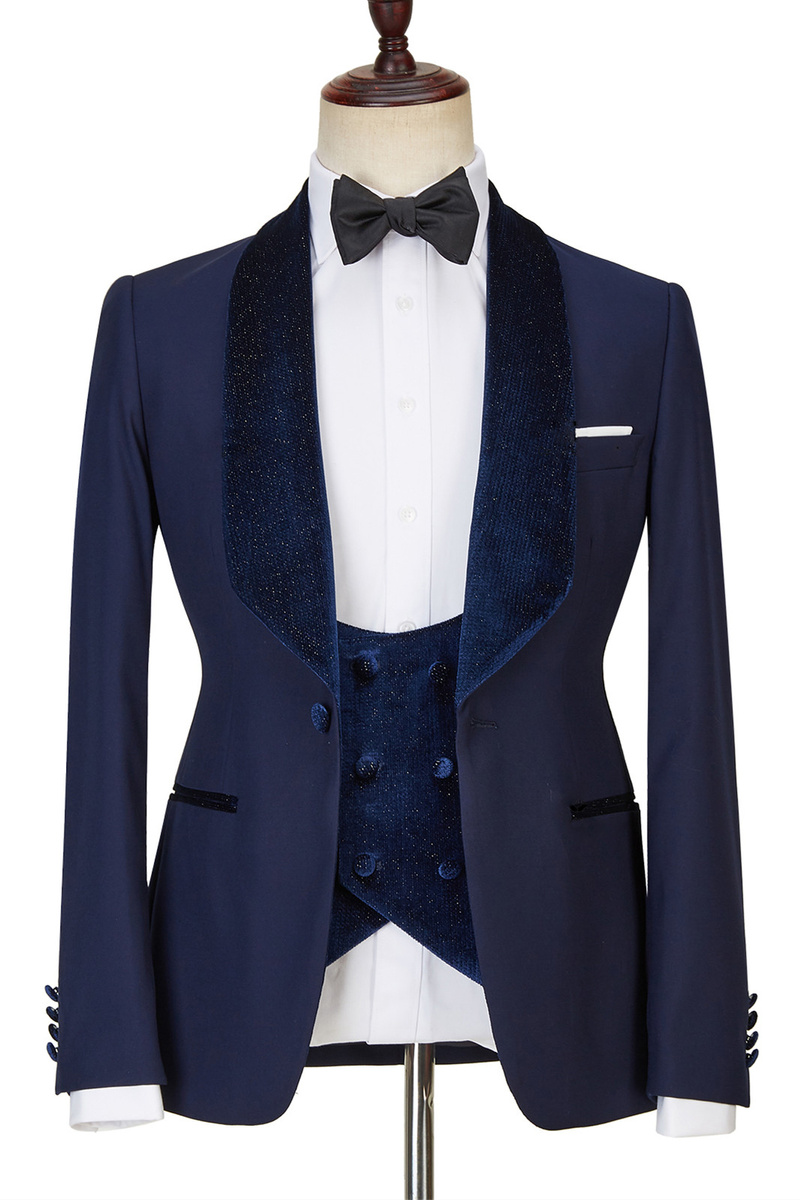 Dylan Design Navy Blue Velvet Best Fit Three-Piece Sparkling Suit