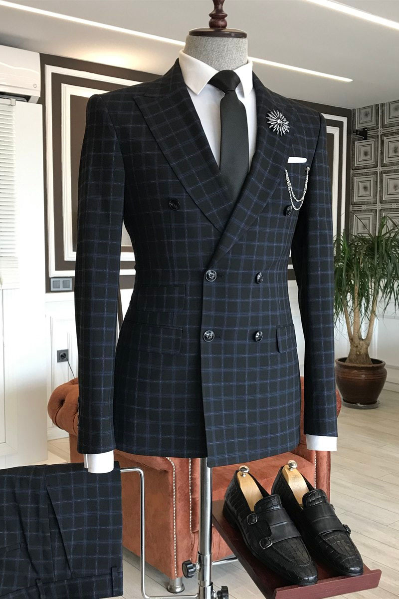 Heyman Formal Black Plaid Point Lapel Double Breasted Custom Business Suit