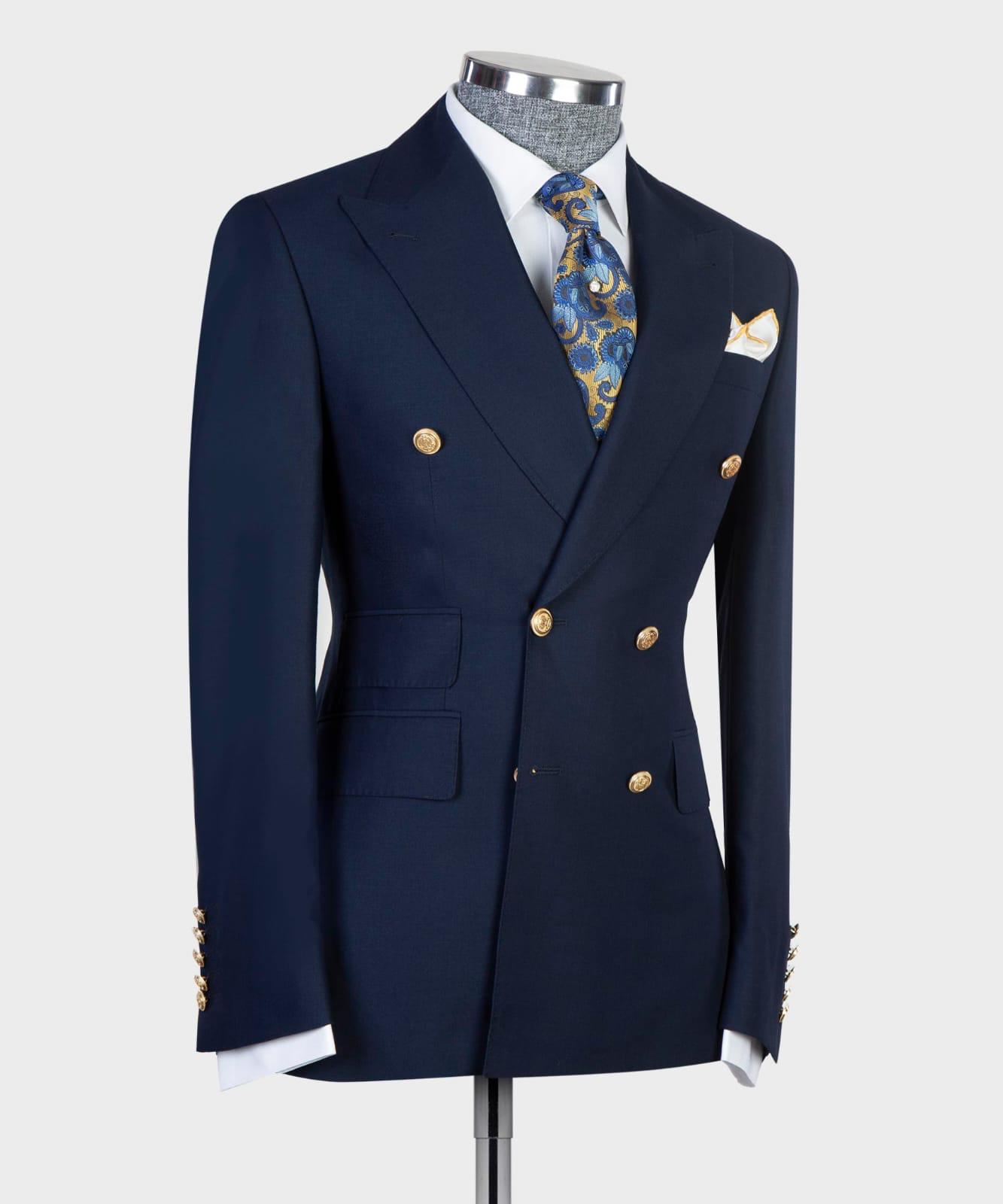New Arrival Navy Blue Double-Breasted Slim Tailored Prom Suit