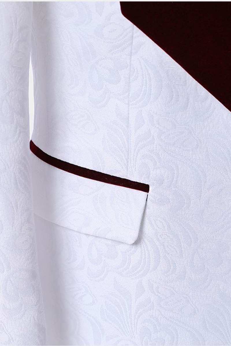 Burgundy Lapel White Jacquard Suit Floral Tuxedo