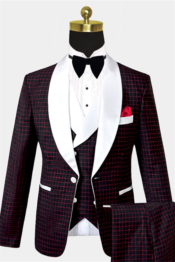Burgundy Checkered Tuxedo Three-Piece Prom Suit with White Lapel