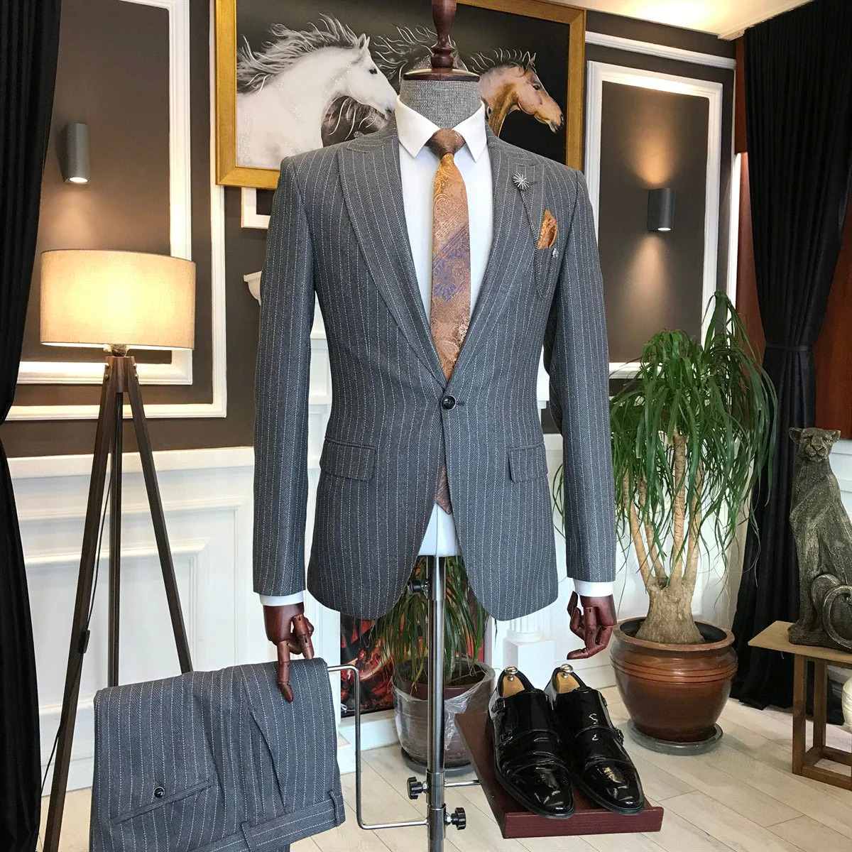 Modern Grey Herringbone Striped One-Button Two-Piece Suit