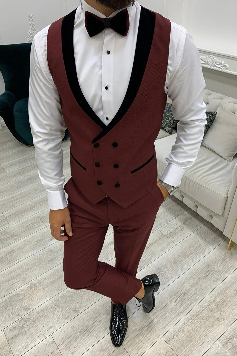 Allen Burgundy Velvet Slim Fit Three-Piece Tuxedo with Shawl Lapel