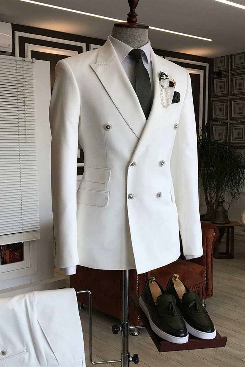 Les Stylish White Point Lapel Double-Breasted Formal Business Suit